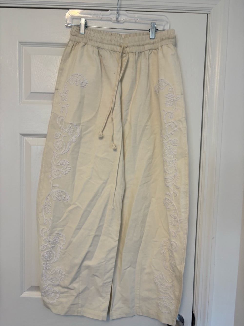 Free People Lex Embroidered Pull On Barrel Pants Ivory Size Small Linen Blend - Picture 12 of 14